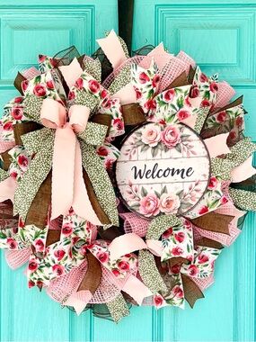 Welcome Floral Pink and Green Home Holiday Wreath